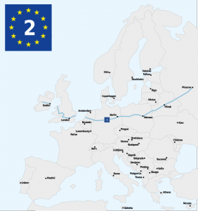 Eurovelo 2 route from Wikimedia Commons uploaded by user Rbrausse. Adapted from European Cyclists’ Federation Eurovelo routes map